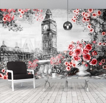 Bild på Oil Painting summer in London gentle city landscape flower rose and leaf View from above balcony Big Ben England wallpaper watercolor modern art Red black and white